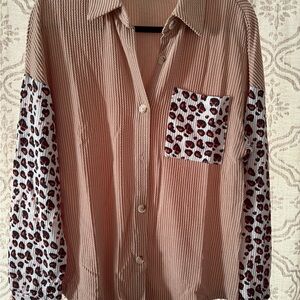 Tan Button-Up Shirt with Leopard Print Sleeves
